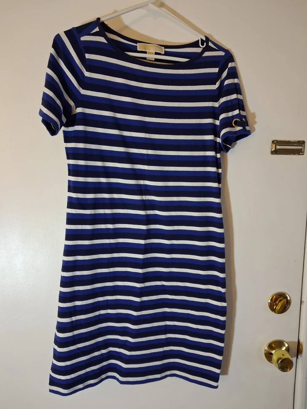 Michael Kors Blue and White Striped Short Sleeve Knit Dress